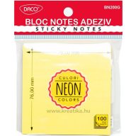 Öntapadó jegyzettömb 76x76 mm 100 lap Daco neon sárga