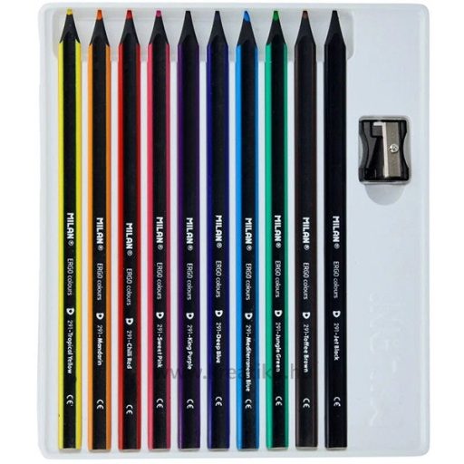 Színesceruza készlet fekete fa, speciális test, ajándék hegyező Milan 291 "Ergo" 10 szín