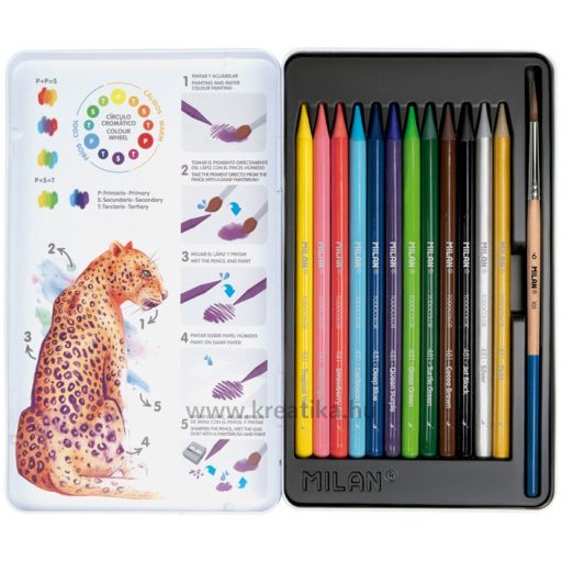 Színesceruza készlet famentes, fém dobozos, ajándék ecset Milan 12 szín