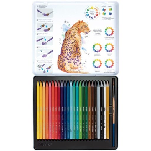 Színesceruza készlet famentes, fém dobozos, ajándék ecset Milan 24 szín