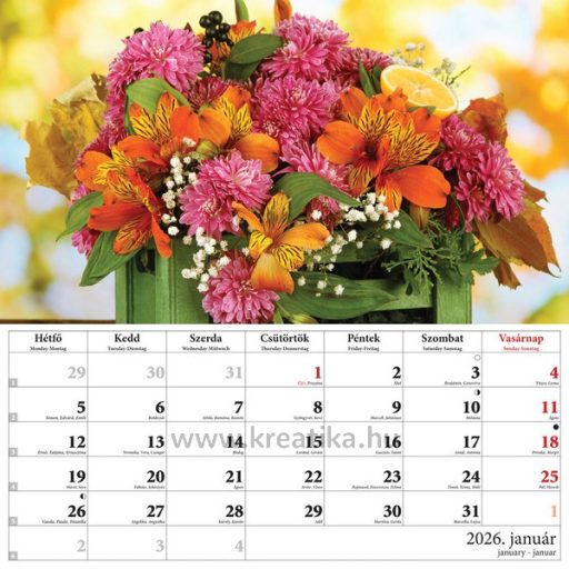 Falinaptár 33x33 cm spirálozott T-Calendar "Virágcsokrok